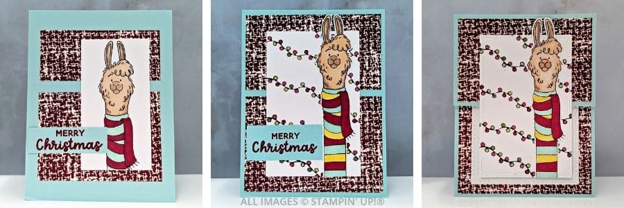 Holiday Cards using the Long Time No See Stamp Set 1 Holiday Cards using the Long Time No See Stamp Set featuring a Llama in a long colored scraf in yellow, red and blue and a pretty tweed background paper, with strung lights in the background and a "Merry Christmas" sentiment.
