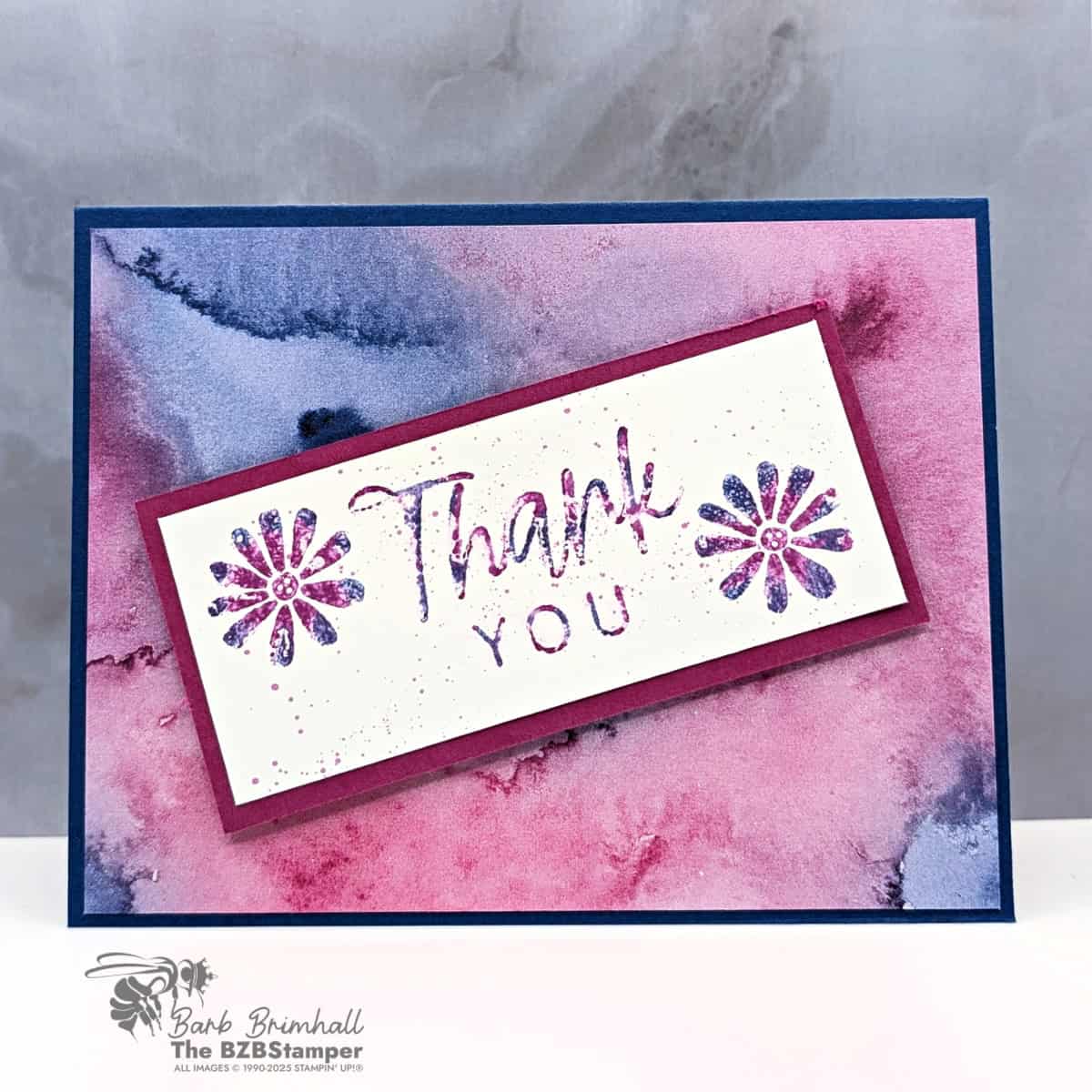 Coffee and a Card With You In Mind in purples and blues with pretty watercolored background paper and a "thank you" sentiment with watercolored flowers.