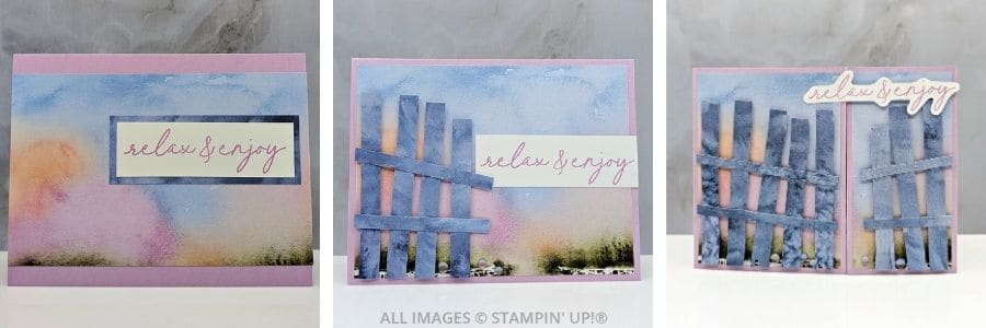 3 Stylish Projects with the Notes and Totes Bundle 1 3 Stylish Projects with the Notes and Totes Bundle by Stampin’ Up! shown in a stepped-up progression. The first card is a simple stamped design on watercolor-look paper with the sentiment 'relax and enjoy.' The second adds a die-cut wooden fence element. The third is a more detailed version with layered fences, embellishments, and a die-cut sentiment.