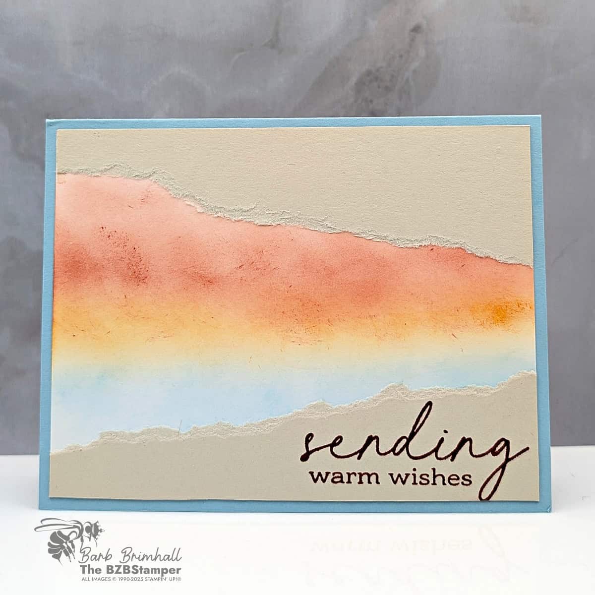 Notes and Totes Stamp Set using Soft Ink Blending 1 Notes and Totes Stamp Set using Soft Ink Blending in oranges and blues, with a "sending warm wishes" sentiment.