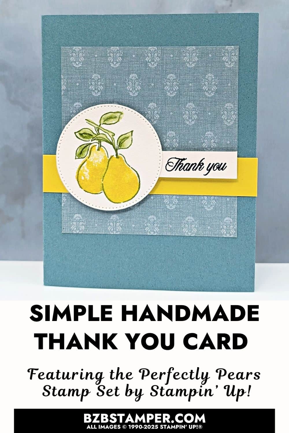 Coffee and a Card with Perfectly Pears 6 Coffee and a Card with Perfectly Pears handmade thank-you card featuring the Stampin’ Up! Perfectly Pears Stamp Set. Designed with Lost Lagoon cardstock, Beautiful Gallery Designer Paper, and stamped pears in Daffodil Delight and Old Olive, finished with Stylish Shapes dies and sentiment banner.