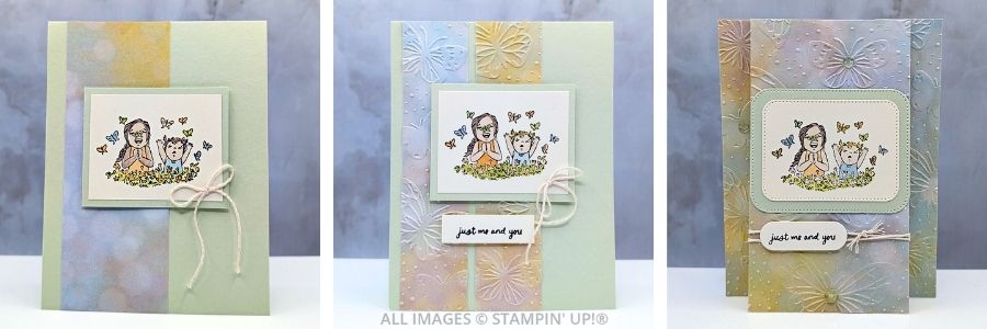 3 Cards using the Just Me and You Stamp Set 1 3 Cards using the Just Me and You Stamp Set featuring 2 girls, playing in a field of flowers, surrounded by butterflies. Card is in shades or pastels with a "just me and you" sentiment.