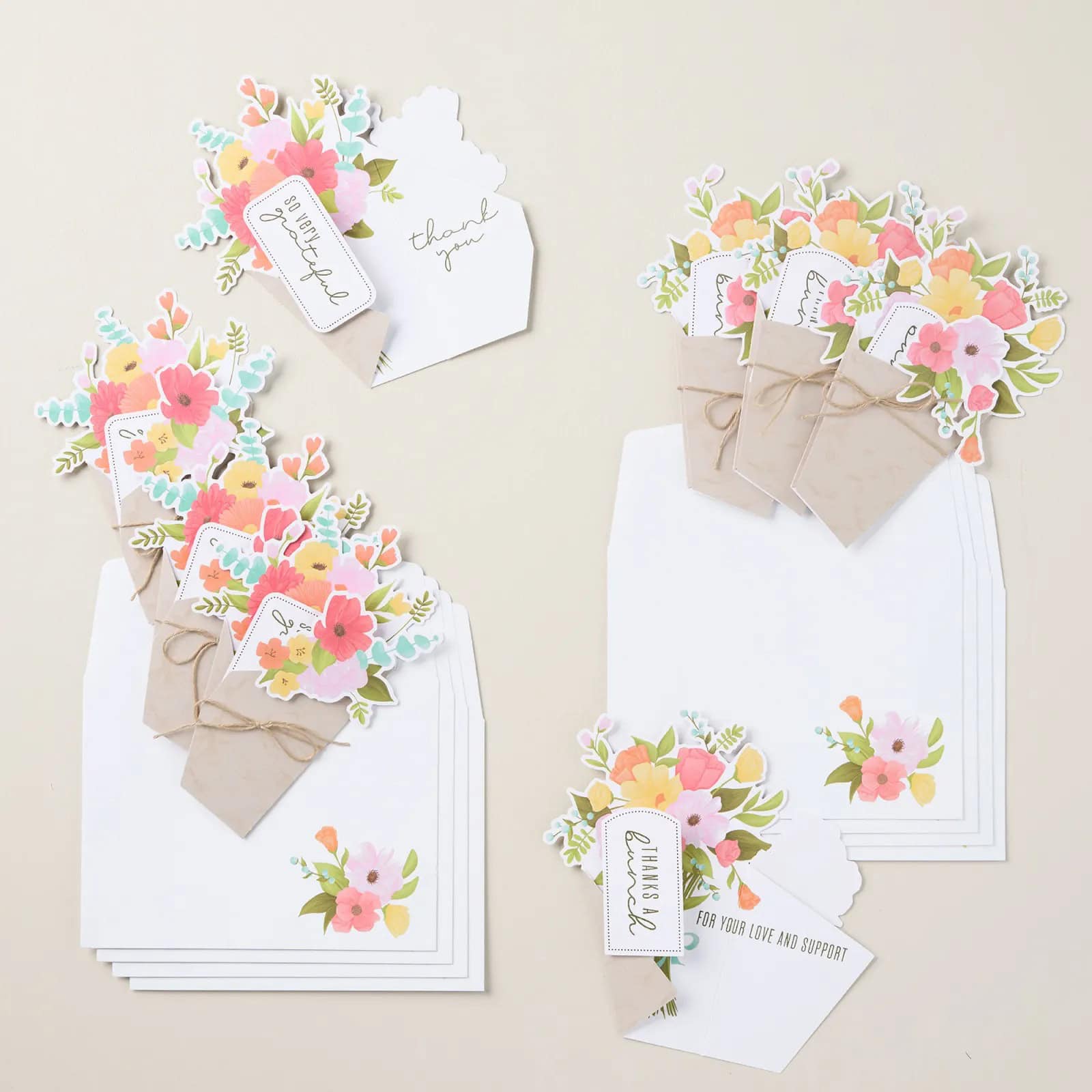 Bunch of Thanks All-Inclusive Card Kit 1 Bunch of Thanks All-Inclusive Card Kit makes handmade thank you cards featuring colorful floral bouquets, stamped gratitude sentiments, and matching envelopes in soft colors.