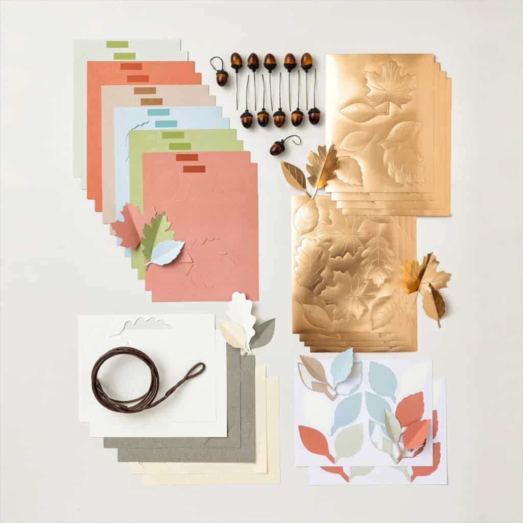 Harvest Home Garland Kit 2 Harvest Home Garland Kit and what's included, featuring paper leaves, acorn accents and copper foil embellishments.