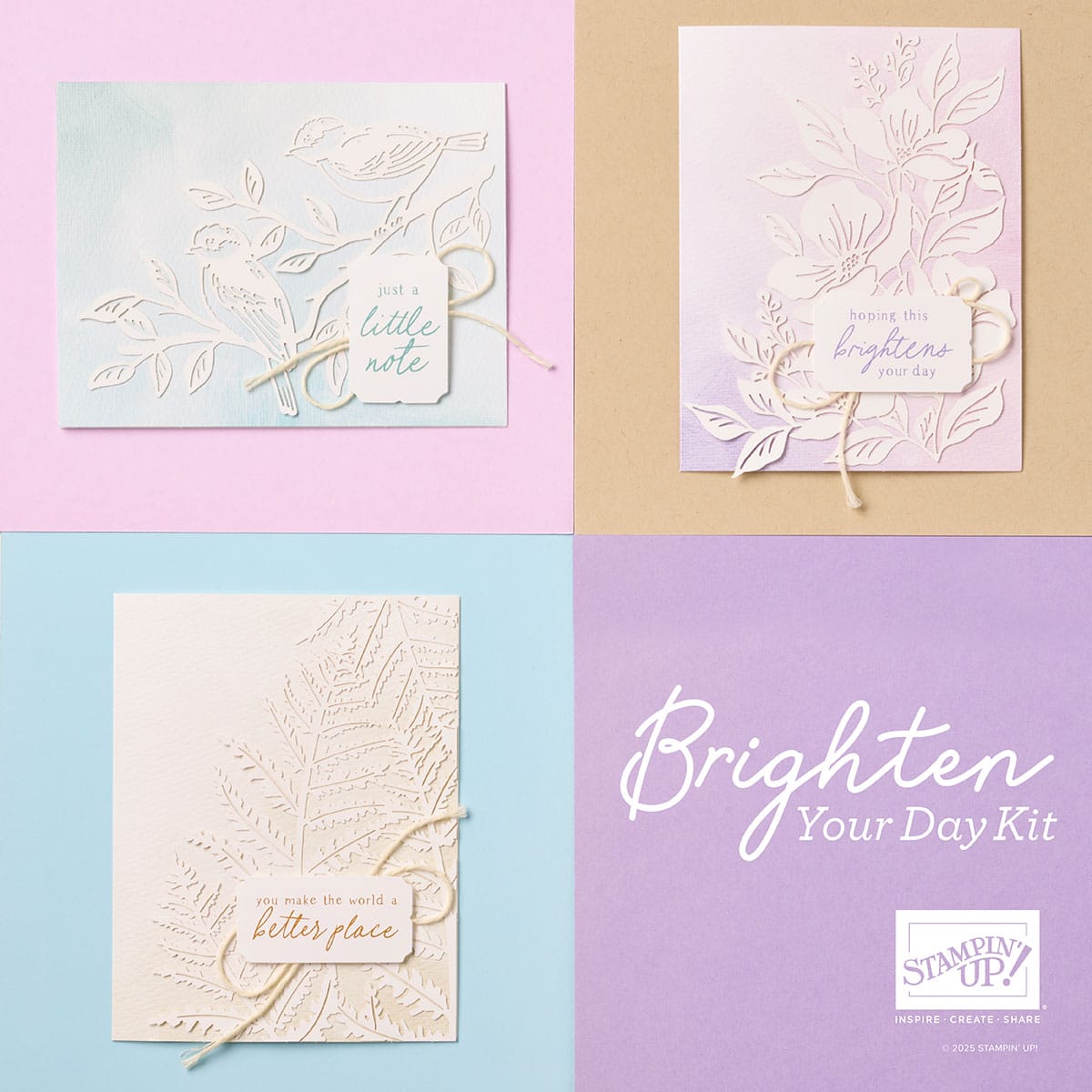 Brighten Your Day All-Inclusive Kit 1 Handmade cards created with the Brighten Your Day All-Inclusive Kit featuring pastel watercolor backgrounds, delicate overlays, and uplifting stamped sentiments.