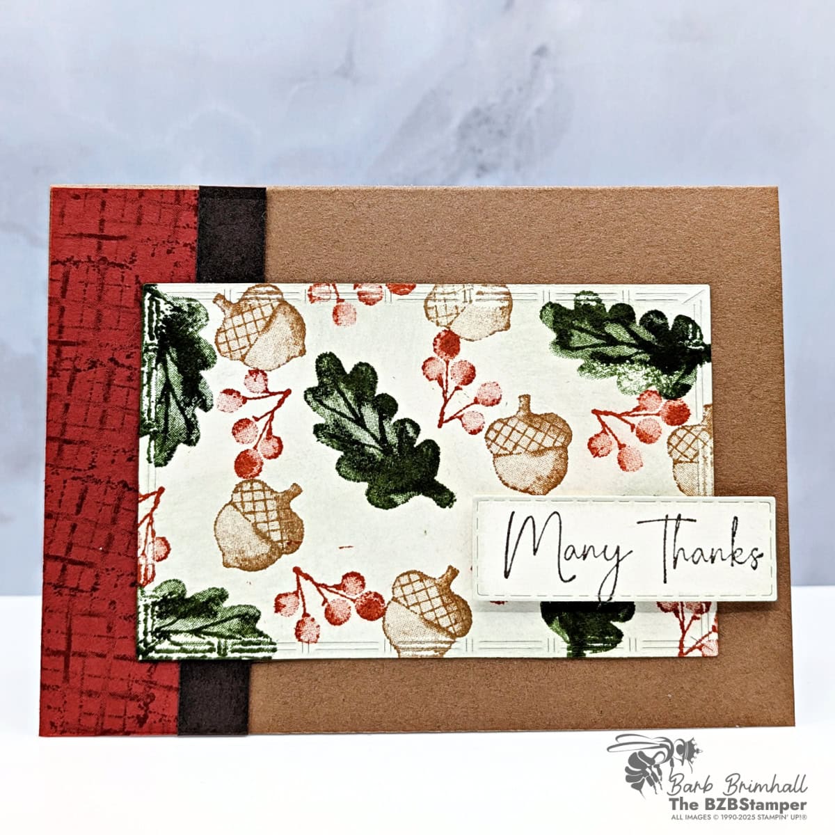 Fall Thanks with the Gathering Moments Stamp Set 1 Fall Thanks with the Gathering Moments Stamp Set featuring a handmade fall thank you card created with the Stampin’ Up! Gathering Moments Stamp Set. Features Distinktive stamped oak leaves, acorns, and berries in Pecan Pie, Cajun Craze, and Mossy Meadow, layered with a stitched rectangle sentiment that reads “Many Thanks.”