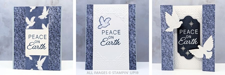 3 Cards using the Peace on Earth Bundle 1 Three handmade cards created with the Peace on Earth Bundle by Stampin’ Up!, shown in Busy Bee, Worker Bee, and Queen Bee styles. Cards use Cloud Cover, Secret Sea, and Silver Glimmer colors, featuring stamped sentiments, embossed details, and die-cut doves.