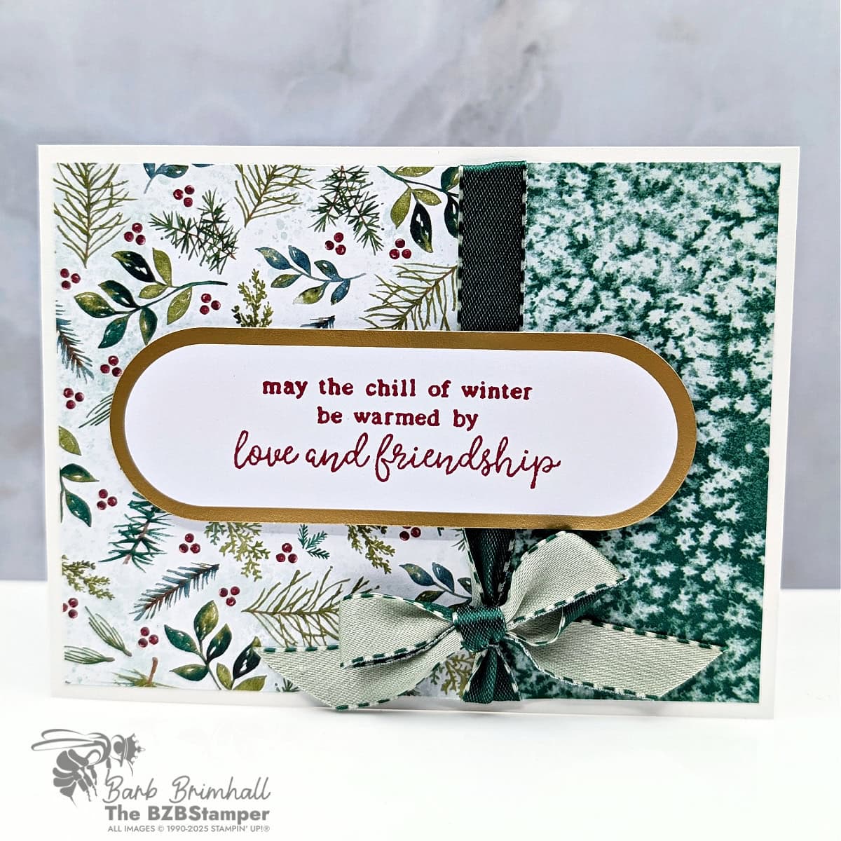 Snowflake Kisses Card with the Elegant Pine Paper, foiled label, and green ribbon bow.