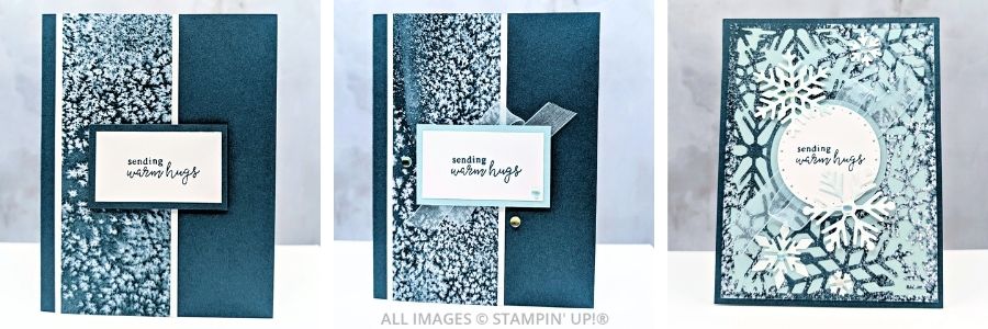3 Cards using the Snowflake Kisses Bundle 1 3 Cards using the Snowflake Kisses Bundle features three handmade winter cards created with the Stampin’ Up!® Snowflake Kisses Bundle. Each card steps up in detail, from a simple sentiment with patterned paper, to a layered design with ribbon and embellishments, to an intricate snowflake die-cut card in whites & blues.
