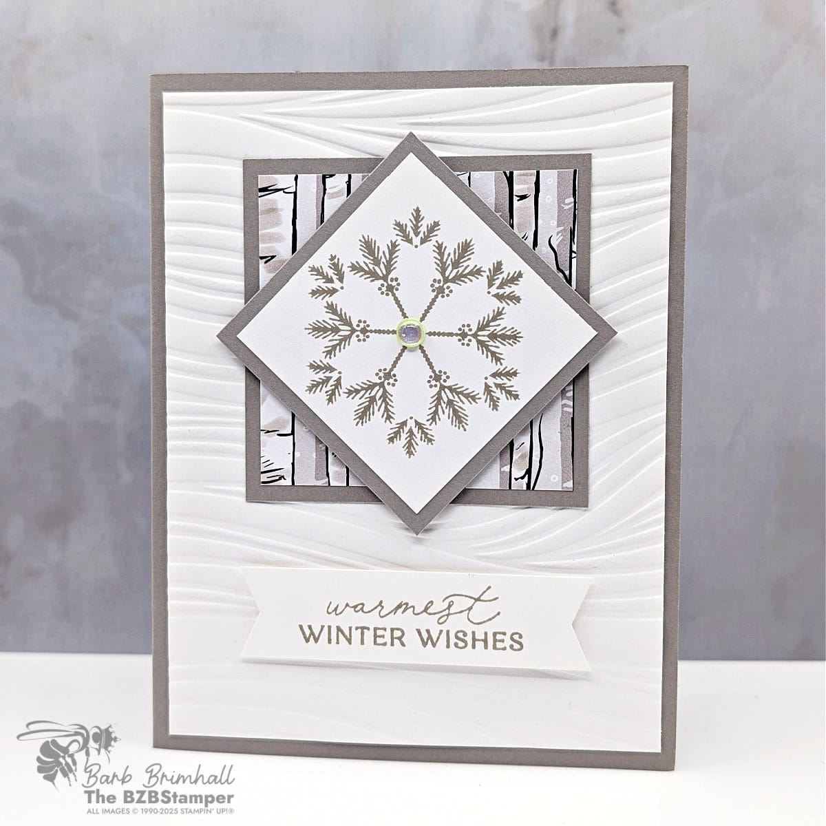 Handmade Winter Card with the Delicate Pines Stamps in Gray Granite with embossed waves and snowflake design.  Sentiment is "Warmest Winter Wishes".