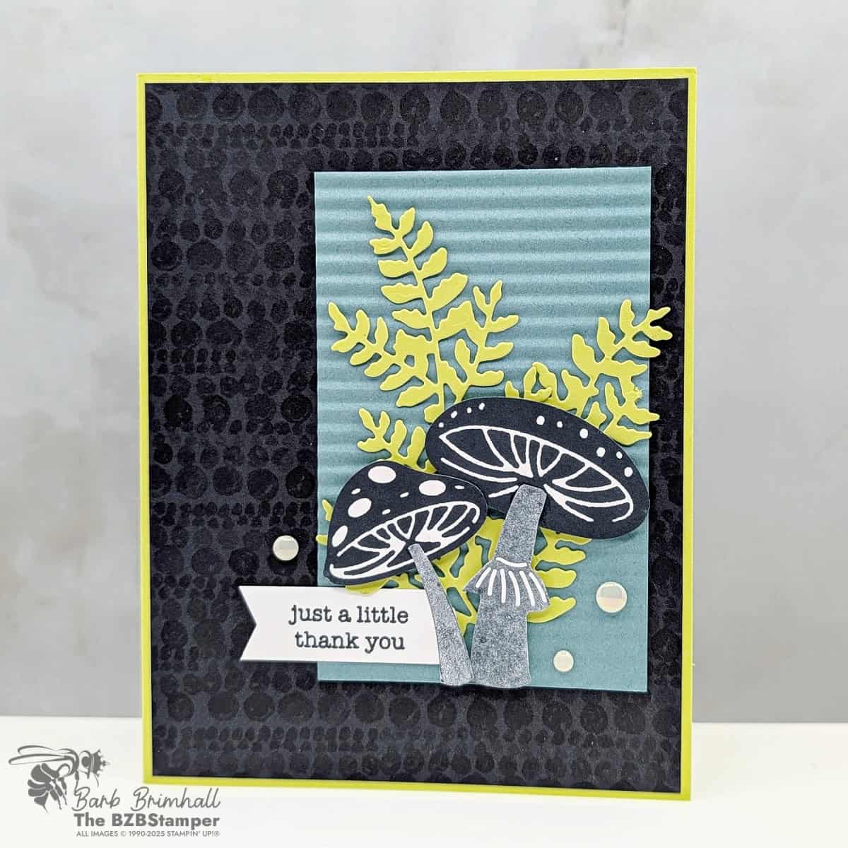 Terrific Toadstools Thank You Card Idea featuring Lemon Lime Twist, Lost Lagoon, and Secret Sea with Celebratory Sips Designer Paper, Mini Corrugated Folder, Antique Pearls, and Beautiful Motif Dies.