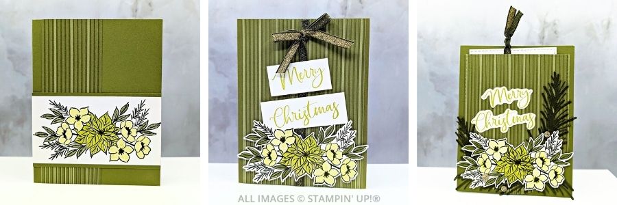 3 Cards using the Christmas Greenery Bundle 1 3 Cards using the Christmas Greenery Bundle shown in a Step It Up Stamping progression. The first card is simple with a stamped floral spray on an Old Olive base. The second card adds layers, die-cuts, and a gold ribbon bow with “Merry Christmas” sentiment. The third card is fully stepped up gift card holder with embossed stripes, extra greenery, ribbon, and bold layered florals.