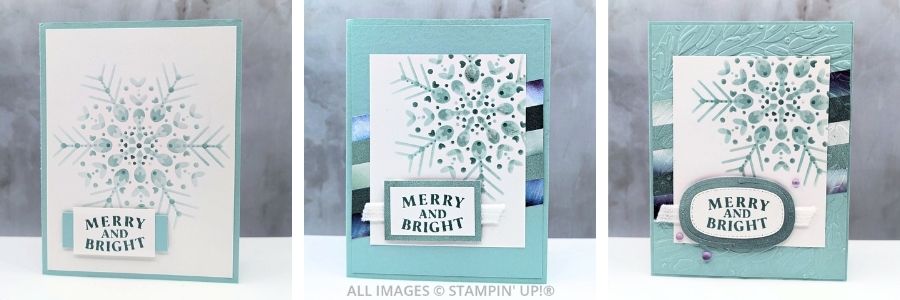 3 Cards using the Snowy Delights Decorative Masks shown in a Step It Up Stamping progression. Sentiment  is "Merry and Bright" and in various shades of blues.