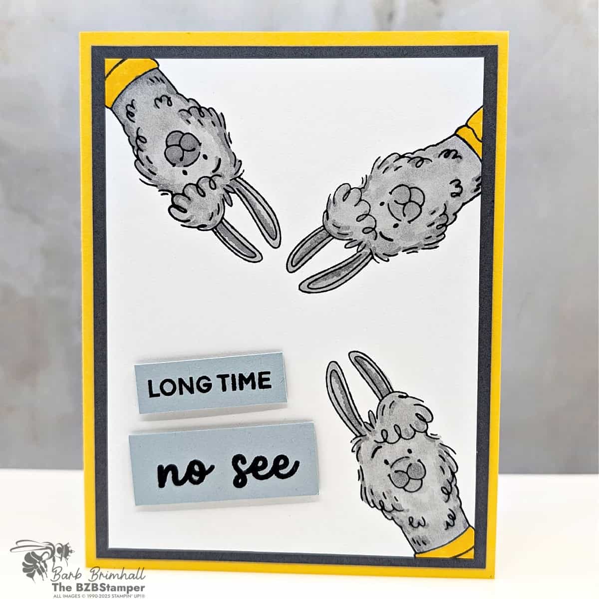 Handmade Card with the Long Time No See Stamp Set, featuring  llama images, sentiment “Long Time No See,” and color combo of Daffodil Delight, Basic Gray, and Cloud Cover.