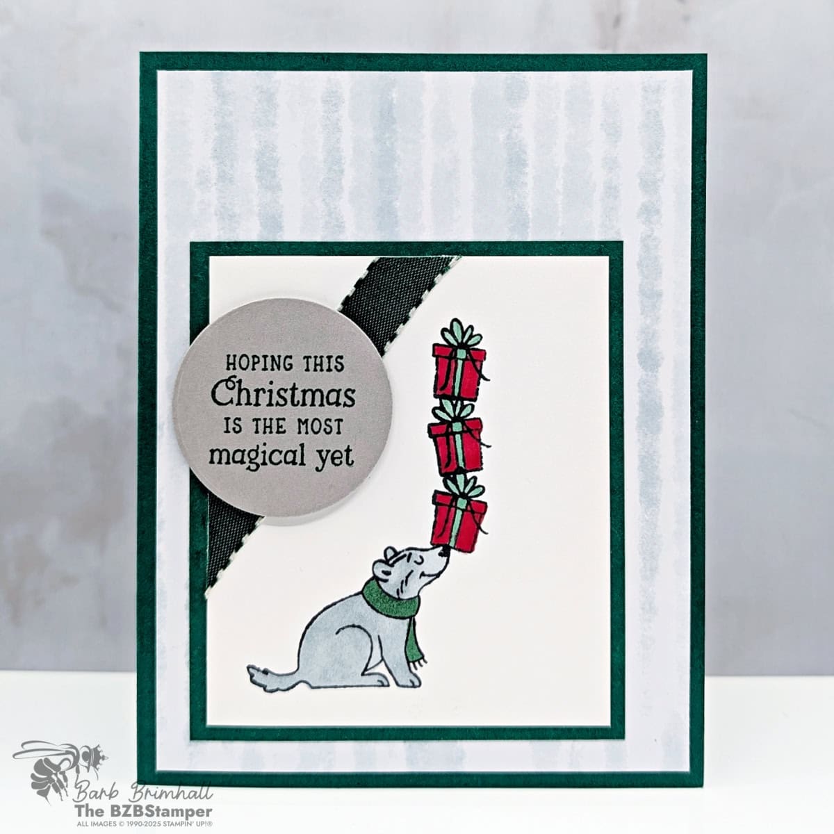 Cute Holiday Card Using the Jolly Delivery Stamps 1 Cute Holiday Card Using the Jolly Delivery Stamps featuring a cute dog carrying presents from the Jolly Delivery Stamp Set by Stampin’ Up!®. The card uses Cloud Cover Designer Paper in the background, a circular sentiment, and Shaded Spruce and Soft Sea Foam ribbon for a festive touch.