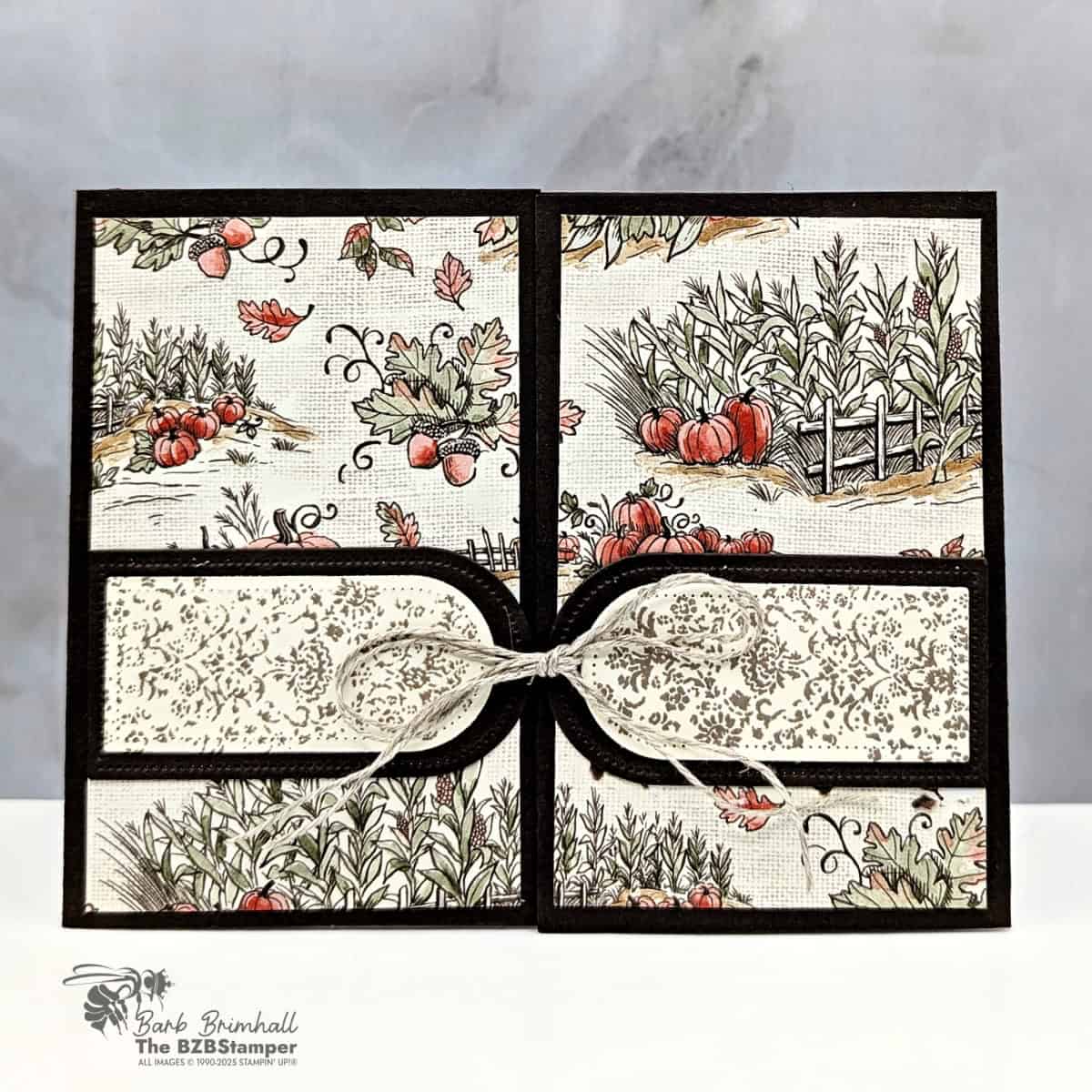 Coffee and a Card with the Beautiful Motifs Stamps features a handmade fall gate-fold card using the Beautiful Motifs Stamp Set, Everyday Arches Dies, and Autumn Toile Designer Series Paper. Features rustic pumpkin field patterns in neutral tones of Early Espresso, Gray Granite, and Very Vanilla, with a layered arched sentiment panel tied closed with twine.