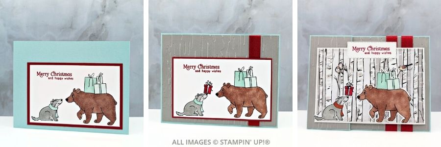 3 Cards using the Jolly Delivery Bundle 1 Collage of 3 Cards using the Jolly Delivery Bundle by Stampin’ Up! First card is simple with stamped bear and wolf. second card adds ribbon and background layers, third card features birch tree pretty paper and fun-fold for a stepped-up “wow” version.