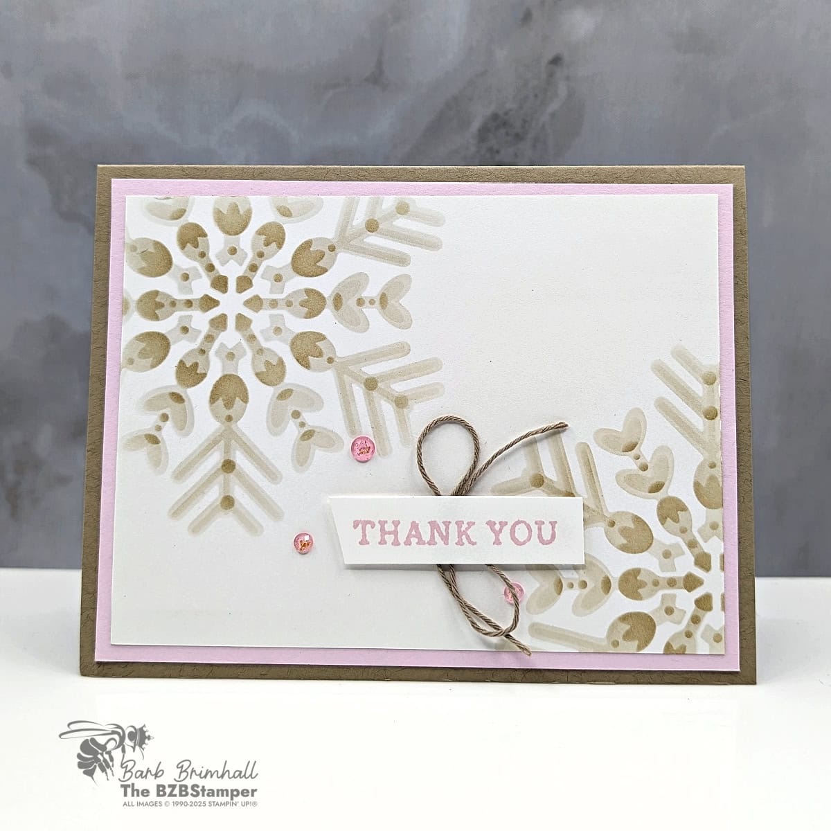 Thank You Card Using Snowy Delight Decorative Masks 1 Thank You Card Using Snowy Delight Decorative Masks featuring a soft Crumb Cake snowflake design made with the Snowy Delight Decorative Masks, layered on Bubble Bath and Basic White cardstock, accented with pink gems and Crumb Cake twine.
