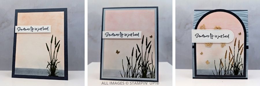 3 Cards Using The Prairie Grass Stamp Set 1 3 Cards using the Prairie Grass Stamp Set by Stampin’ Up!®. Each card features a soft blended background in Petal Pink and Secret Sea with stamped prairie grass in Mossy Meadow. The first is a simple version, the second adds layers and butterfly embellishments, and the third includes arched dies, embossed texture, and Brass Butterflies for a stepped-up look.