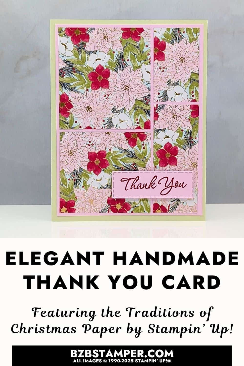 Coffee and a Card with Easy Paper Cutting Guide 6 Coffee and a Card with Easy Paper Cutting Guide featuring floral patterned paper in red, pink, and green, layered on Soft Sea Foam cardstock with a stitched pink label reading “Thank You.”