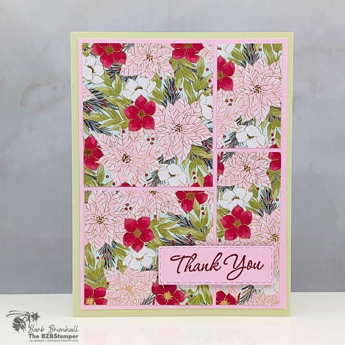 Coffee and a Card with Easy Paper Cutting Guide 1 Coffee and a Card with Easy Paper Cutting Guide featuring floral patterned paper in red, pink, and green, layered on Soft Sea Foam cardstock with a stitched pink label reading “Thank You.”
