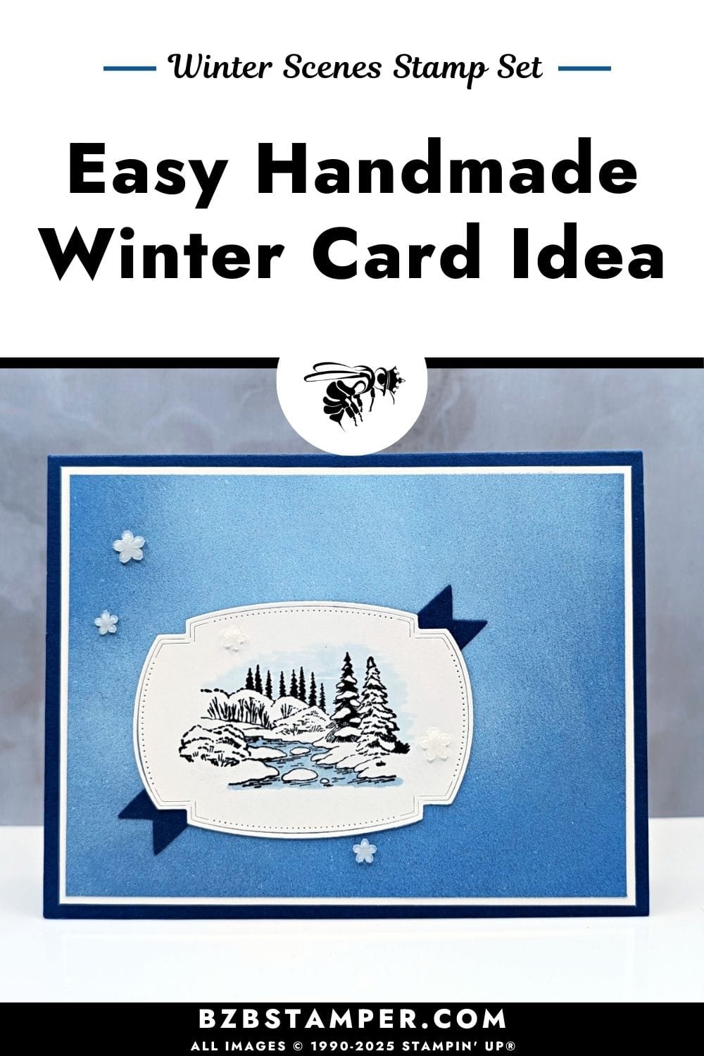 Winter Card using the Winter Scenes Stamp Set 4 Winter Card using the Winter Scenes Stamp Set with a snowy landscape colored in Balmy Blue, framed with Traditional Labels Dies, layered on Lights of Aurora Designer Paper and Blueberry Bushel cardstock with Hues of Blue flower embellishments.