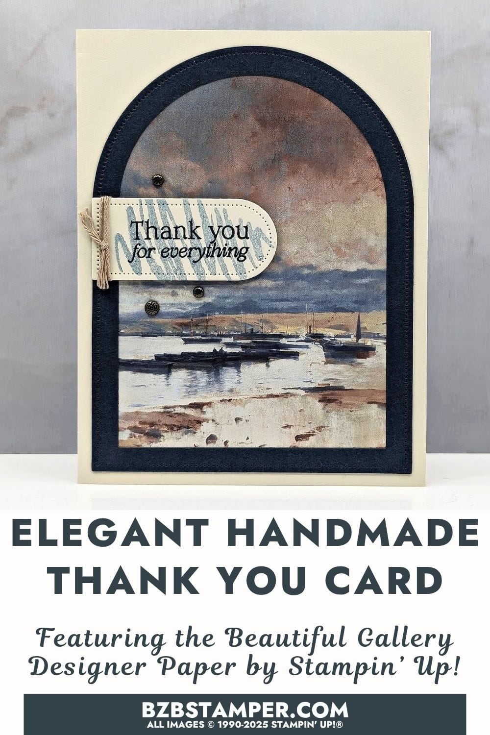 Coffee and a Card with Beautiful Gallery Paper 6 Coffee and a Card with Beautiful Gallery Paper creates a handmade thank-you card featuring a painterly harbor scene from the Stampin’ Up!® Beautiful Gallery Paper, layered with navy arch die cuts and sentiment tag.