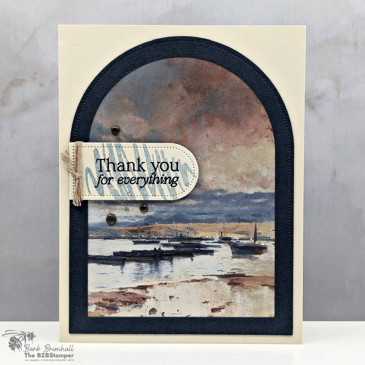 Coffee and a Card with Beautiful Gallery Paper 1 Coffee and a Card with Beautiful Gallery Paper creates a handmade thank-you card featuring a painterly harbor scene from the Stampin’ Up!® Beautiful Gallery Paper, layered with navy arch die cuts and sentiment tag.