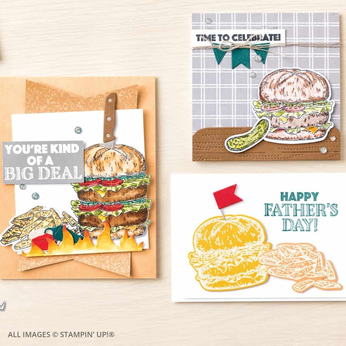 Building Relationships Through Cardmaking 1 Building Relationships Through Cardmaking. Three handmade cards with a fun burger theme, including greetings like “You’re Kind of a Big Deal” and “Happy Father’s Day.” Perfect for masculine cards, these designs feature layered paper, bold stamping, and creative die-cuts.