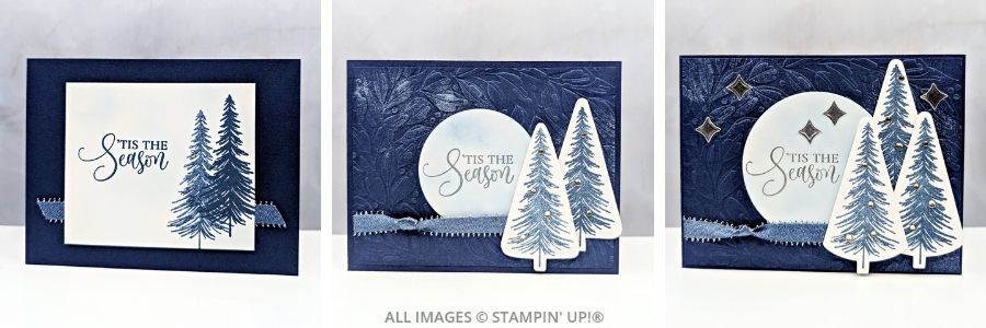 3 Cards Using The Ornamental Christmas Bundle 1 3 Cards Using The Ornamental Christmas Bundle by Stampin’ Up!®, featuring stamped and die-cut pine trees, embossed backgrounds, and silver foil accents in Night of Navy, Misty Moonlight, and Silver Foil.
