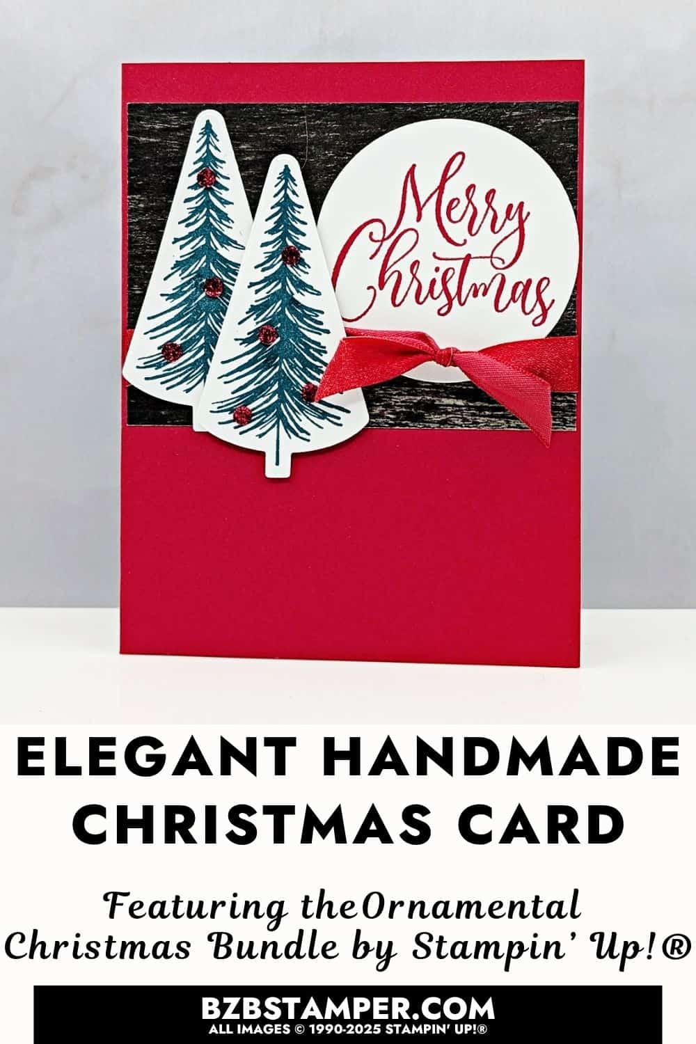 Handmade Merry Christmas Card Idea 5 Handmade Merry Christmas Card Idea featuring Real Red cardstock, Pretty Peacock trees, Early Espresso patterned paper, and a red ribbon accent with a "Merry Christmas" sentiment on a circle.