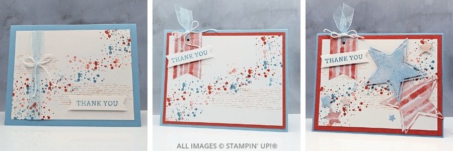 3 Cards using the Swirled Designs Bundle 1 3 Cards using the Swirled Designs Bundle by Stampin’ Up!®, stamped in Balmy Blue, Petal Pink, and Calypso Coral, with layered stars, ribbon, and die-cut accents.