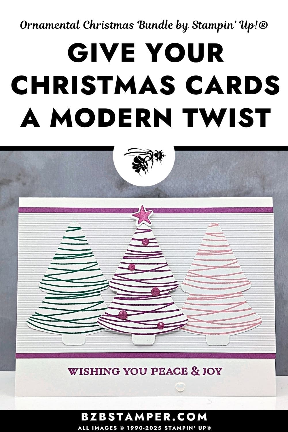 Pretty pastel Christmas Card Idea for the Holidays featuring 3 stamped trees 
in Petunia Pop, Shy Shamrock, and Pretty in Pink with Whispers of Texture Specialty Paper and Ornamental Christmas Dies by Stampin’ Up!®, and a "Wishing You Peace & Joy" sentiment.