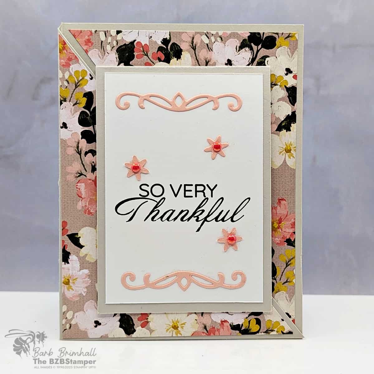 Coffee and a Card with the Delicate Framing Bundle  featuring a fun fold with soft floral paper and Petal Pink die-cut accents and a "So Very Thankful" sentiment.