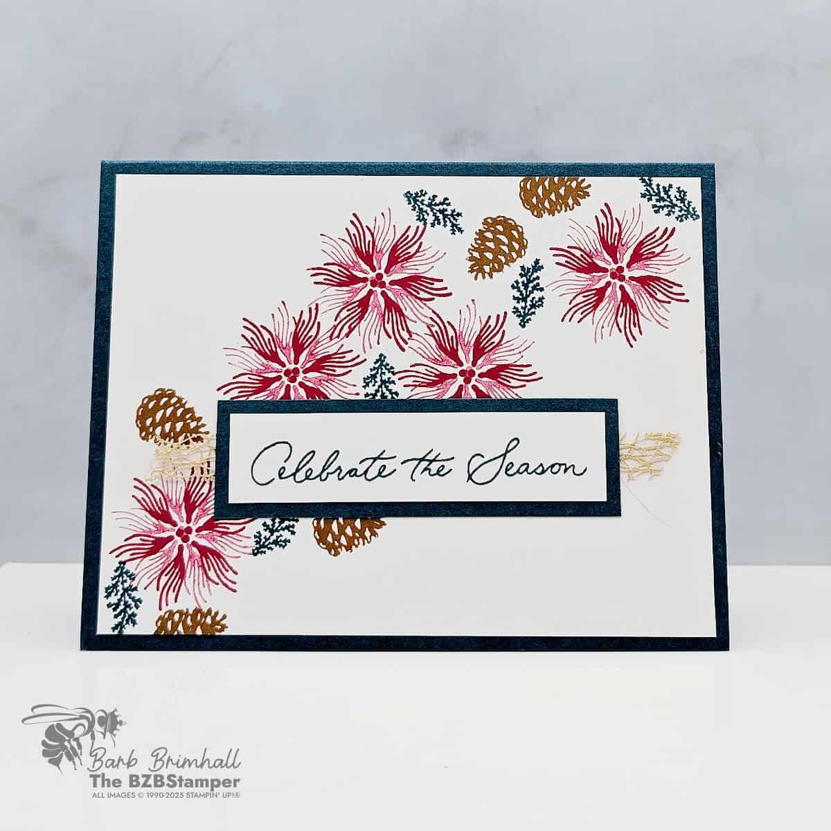 Celebrate the Season with the Delicate Pines Set featuring a handmade Christmas card stamped with red pine-branch snowflakes, pinecones, and a Celebrate the Season sentiment in Pretty Peacock.