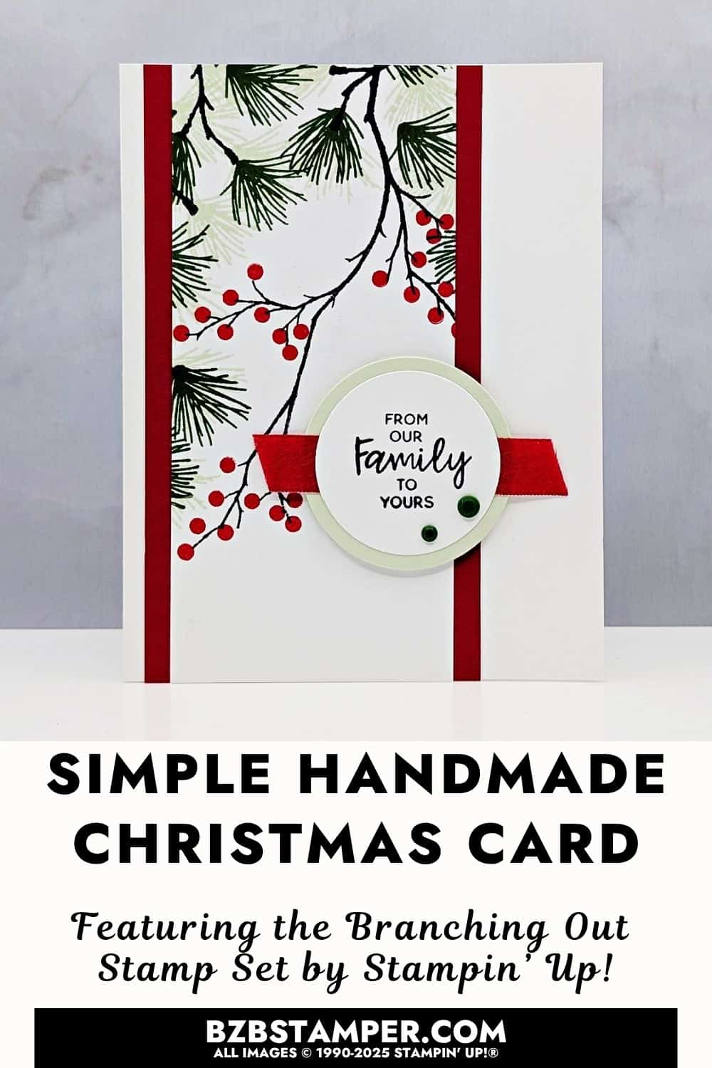 Easy Christmas Card with the Branching Out Set 5 Easy Christmas Card with the Branching Out Set featuring pine branches and berries stamped with the Branching Out Stamp Set in Poppy Parade, Garden Green, and Soft Sea Foam inks from Stampin’ Up!®. Sentiment is "from our family to yours" stamped in black on a circle with a light green matted circle and gems.