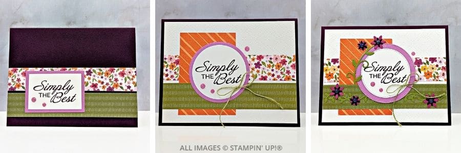 3 cards using the Delicate Framing Bundle feature layered floral paper, a sentiment panel reading “Simply the Best,” and accents in deep purple, pink, and olive green.