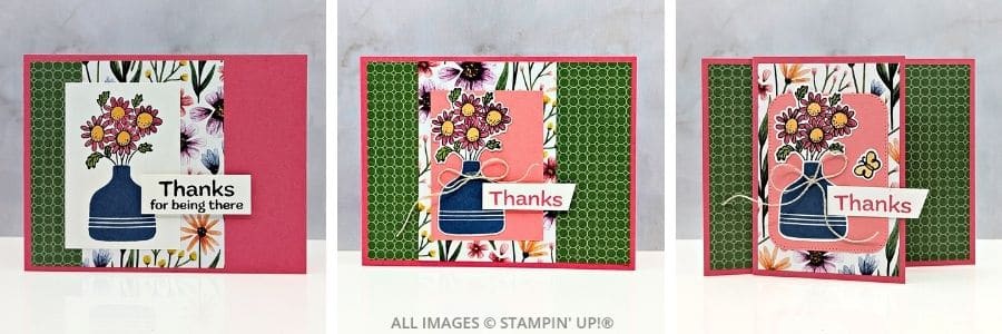 3 Cards using the Pop-Up Petals Bundle 1 3 Cards using the Pop-Up Petals Bundle in a Collage format featuring a blue vase with bright pink flowers, floral patterned papers, green side panels, and simple thanks sentiments.