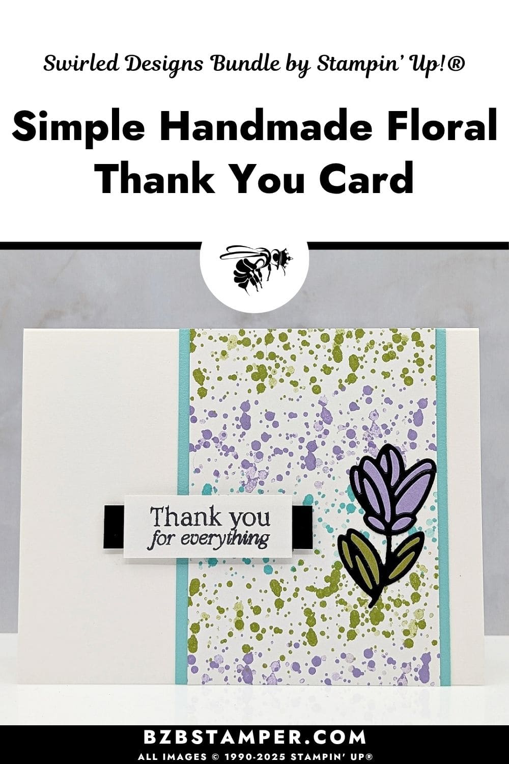 Handmade Thank You Card with Swirled Designs Bundle 3 Handmade Thank You Card with Swirled Designs Bundle featuring colorful splatter panel and simple thank you sentiment with small flower. Sentiment is "thank you for everyting".